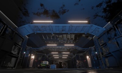 Abandoned laboratory control room lighting in dark scene 3d rendering architecture science fiction wallpaper background