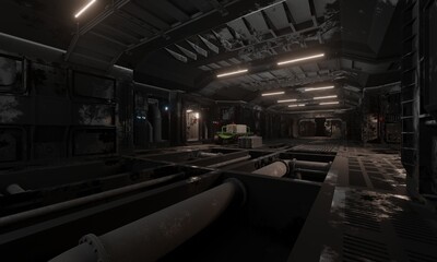 Abandoned laboratory control room and pipeline under floor in dark scene 3d rendering architecture science fiction wallpaper background © mapichai