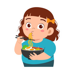 little kid eat ramen noodle food and feeling happy