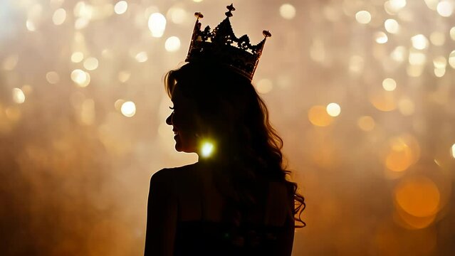 Silhouette of queen or princess with crown against golden bokeh background