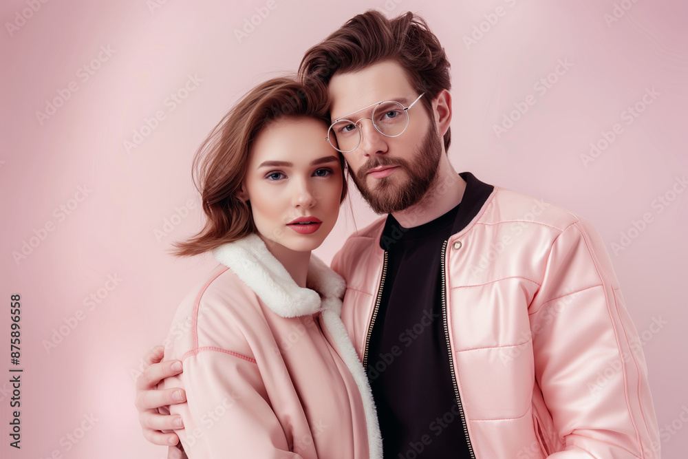 Wall mural Young Caucasian couple wearing pink jackets, standing close, looking at the camera with a pink background, modern fashion and relationship concept.