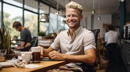 Blonde male businesswoman or designer in coworking office.