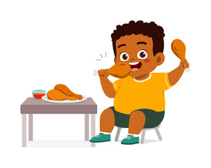 little kid eat fried chicken food and feeling happy