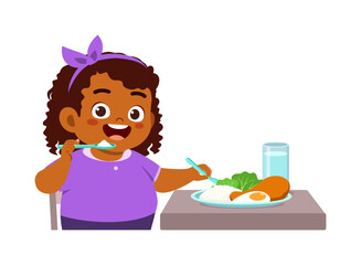 little kid eat rice and chicken food and feeling happy