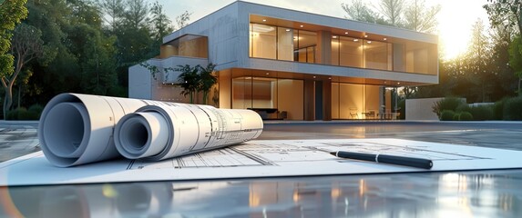 Maison d'architecte moderne basée sur des plans de construction, stylo en premier plan, coucher de soleil en arrière-plan, concept immobilier.