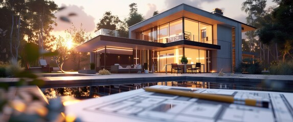 Maison d'architecte moderne basée sur des plans de construction en premier plan, coucher de soleil en arrière-plan, concept immobilier.