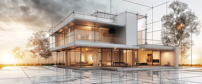 Rendu 3D d'une maison moderne en arri&egrave;re-plan, plans de construction en premier plan, concept d'architecte et d'immobilier.