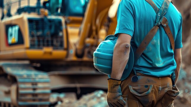 Un ouvrier de la construction tenant son casque dans la main sur un chantier avec en arri&egrave;re-plan une excavatrice. Focus sur l'&eacute;quipement de s&eacute;curit&eacute;.