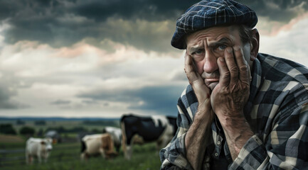 Un agriculteur âgé de 60 ans, expression d'une personne déprimée, mains sur le visage, arrière-plan d'une ferme avec des vaches laitières, ciel nuageux et ambiance dramatique.