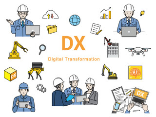 DX推進や取り組みをする建設業や製造業のイラストセット