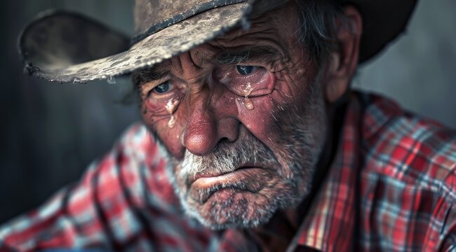 Un agriculteur &acirc;g&eacute; de 70 ans, portant un chapeau, d&eacute;pressif, pleurant, larmes sur le visage, sc&egrave;ne triste et dramatique.