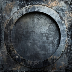 A gray metallic background with a white circle in the center, surrounded by curved metal edges. The texture of concrete and steel is visible on all sides