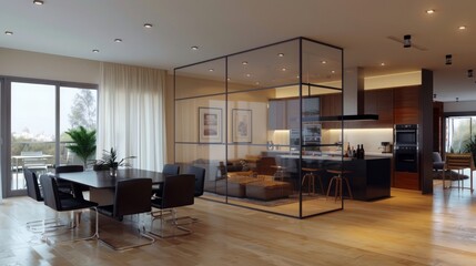 Spacious living area with transparent glass room dividers