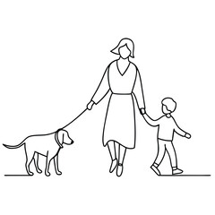 a woman going for a walk with a dog and a toddler. line art vector illustration