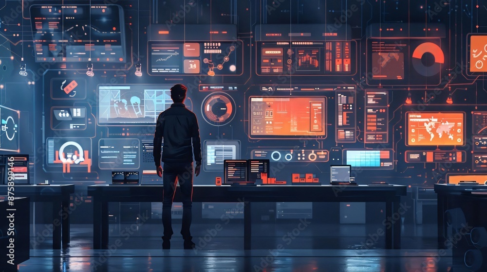 Poster a person stands in a high-tech command center with multiple screens displaying data, charts, and gra