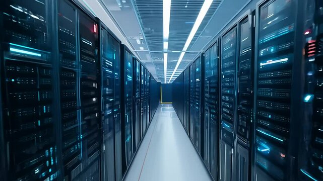 A Long Row of Server Racks in a Modern Data Center