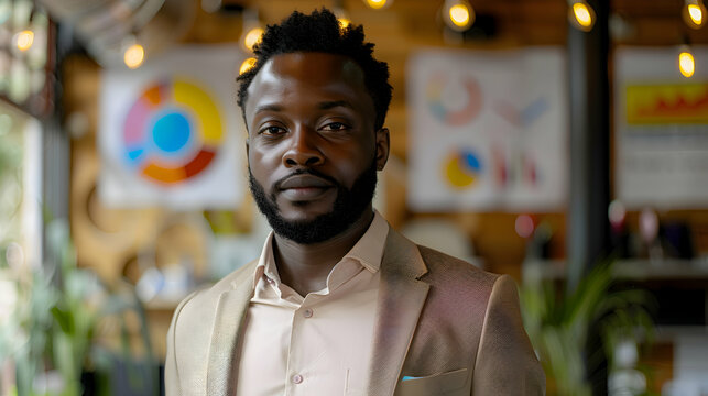 Product Launch: An African American entrepreneur presenting a product launch plan with comprehensive infographics and market analysis