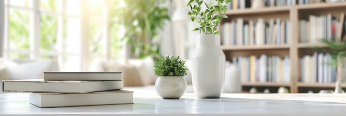 Bookcase Background. Closeup of Three-Dimensional Bookshelf in White Tabletop Setting