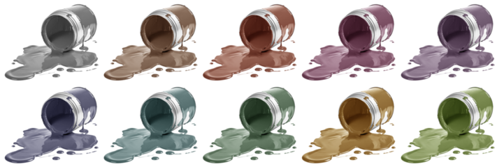 Set collection of paint tin can with spilled smear splash muted subtle colours of grey, pink, purple, violet, blue, green, orange, brown on transparent cutout PNG file. Mockup template for design
