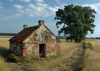 Small brick building with a red roof next to a large tree in a large grass field