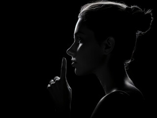 
A woman with her finger to lips, shush gesture isolated on black background, silhouette. Space for text or advertising copy space.