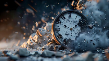An old analog clock crumbles into dust, symbolizing the fleeting nature of time and the urgency of the present moment.
