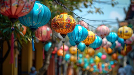 Traditional lantern procession through ancient streets echoing with cultural heritage Stock Photo...