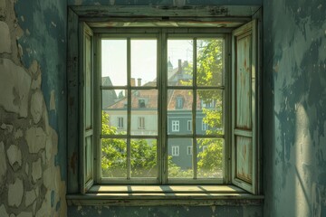 A window in an abandoned old and dirty attic room