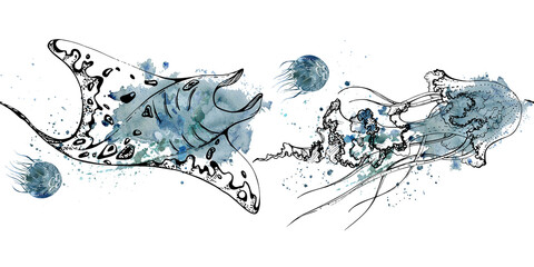 Watercolor and ink hand drawn marine life, sea ocean underwater creatures. fish, shells algae seaweed. Seamless banner illustration, stylized, isolated on white. For zoo shop, aquarium, fabric decor