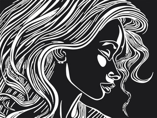 Abstract art vector outline illustration of african woman face. Black and white coloring page of girl face portrait. Modern print, poster image