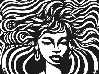 Abstract art vector outline illustration of african woman face. Black and white coloring page of girl face portrait. Modern print, poster image