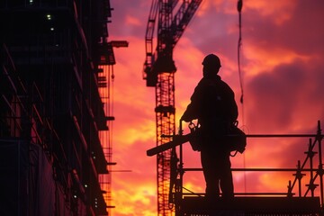 Silhouette of a construction worker operating a crane at a bustling construction site. The worker, silhouetted against the backdrop of a towering skyscraper under construction, is seen maneuvering