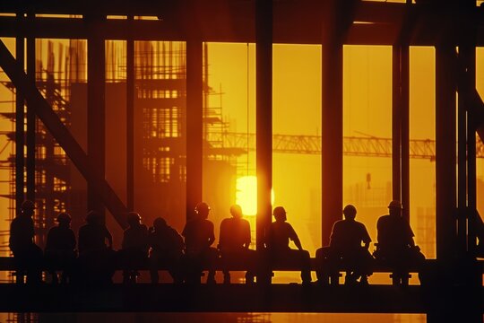 Silhouette of a group of construction workers taking a break at a construction site. The workers are sitting on steel beams, with the unfinished building structure looming in the background. The sun