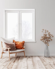 Minimalist living room interiors with minimal furniture, a large window and neutral colors. Residential Real Estate composition with copy space.