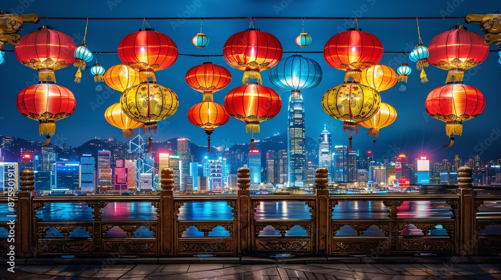 Poster nighttime cityscape illuminated by lantern displays blending modernity with traditional charm stock 