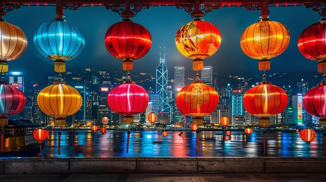 Nighttime cityscape illuminated by lantern displays blending modernity with traditional charm Stock Photo with copy space