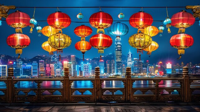 Nighttime cityscape illuminated by lantern displays blending modernity with traditional charm Stock Photo with copy space