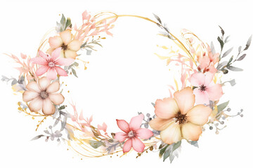 Obraz premium Wreath of flowers. Watercolor painting. Greeting card with flowers. Can be used as an invitation card for wedding, birthday and other holiday and summer background