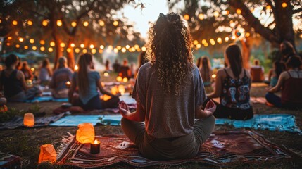 Group meditation session under lantern lit trees promoting wellness and mindfulness during the festival Stock Photo with copy space