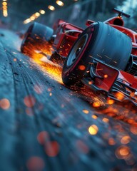 Close-up of F1 tires gripping the track during a high-speed race. Sparks flew and vision became blurry from the violent movement.