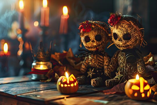 Voodoo dolls and dark magic elements with eerie background, copy space for party invitation