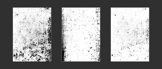 Set of old shabby vertical backgrounds. Black and white grunge for a worn vintage overlay texture effect. Rough dirty grainy A4 paper design.