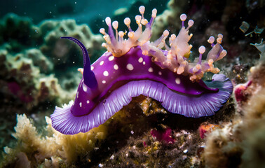 Fototapeta premium Purple nudibranch sea life nudibranch underwater beauty. Generative AI.