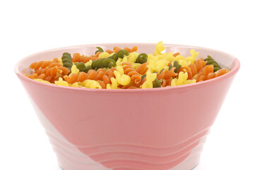 pink bowl of pasta
