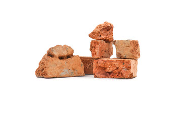 Solid clay bricks used for construction,Old red brick isolated on white background. Shattered bricks isolated.