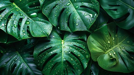 Close-up of lush green tropical leaves with water droplets