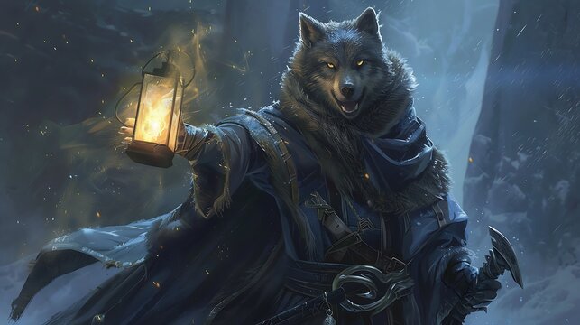 Magic wolf wielding sorcerer stabbing with a bright lantern very detailed and realistic shape