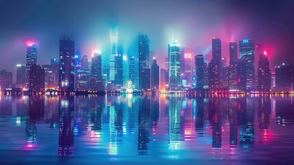 Obraz premium Neon Dreams: Abstract City Skyline Reflecting in Water with Vibrant Lights
