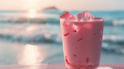 Pink matcha iced drink with ice cubes, close-up, beach background, refreshing and cool,