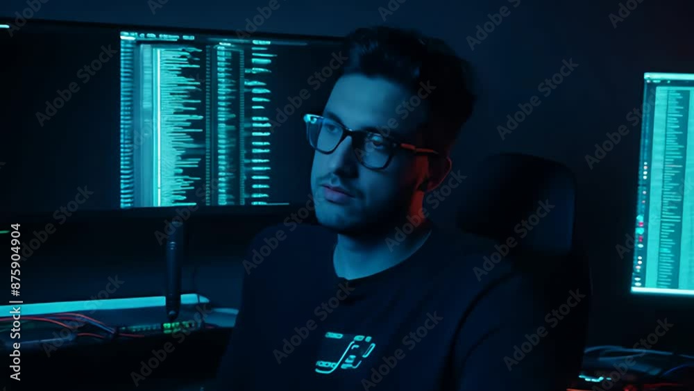 Poster late night hacker working on multiple computers with green code